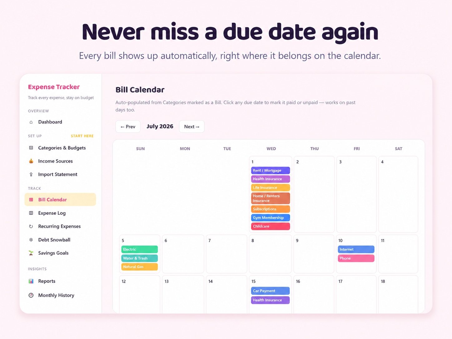Bill calendar feature