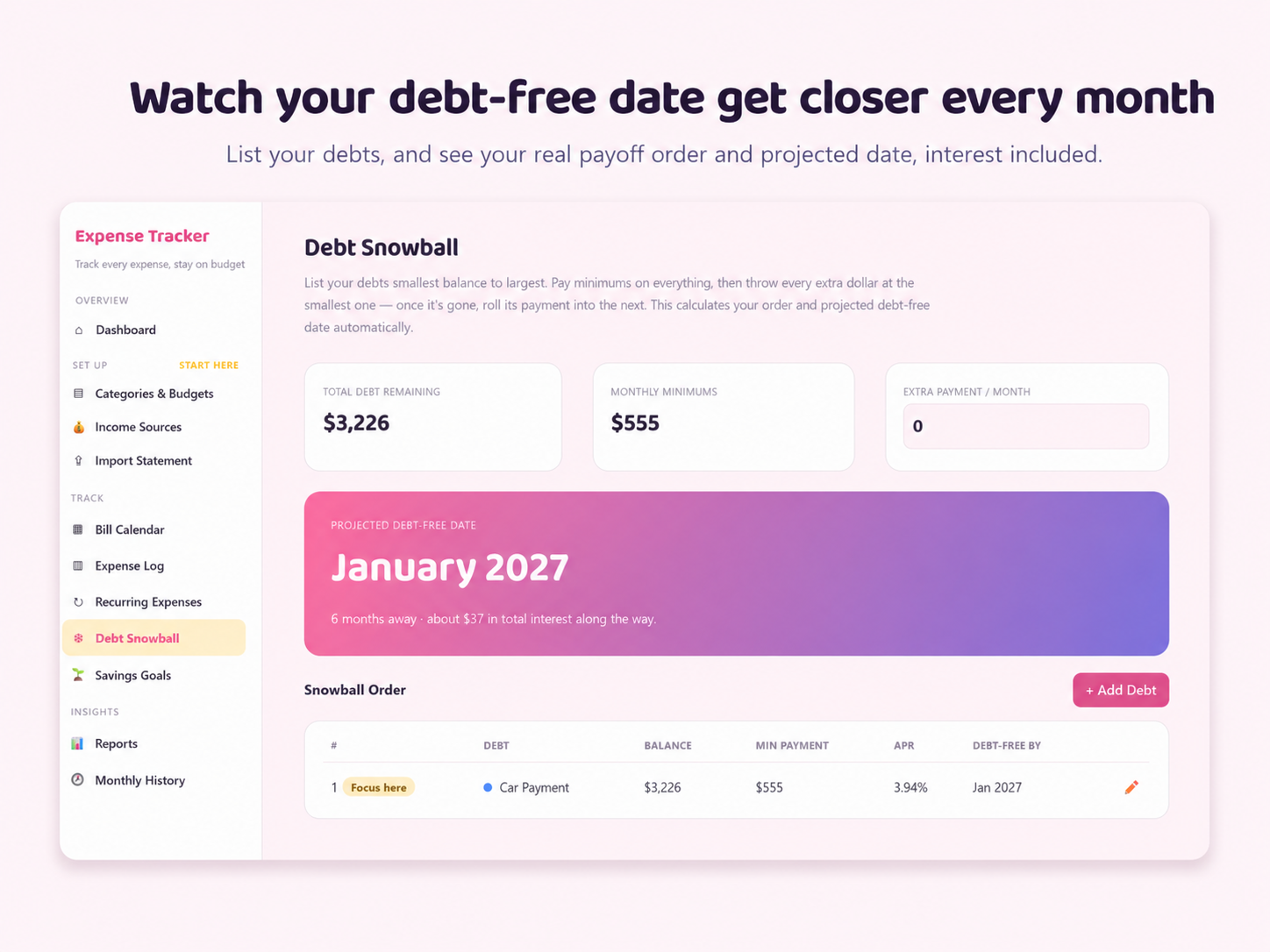 Debt snowball feature